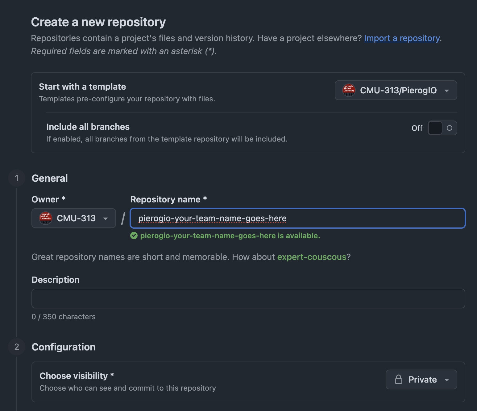 Use the following settings (described above) to create your repo