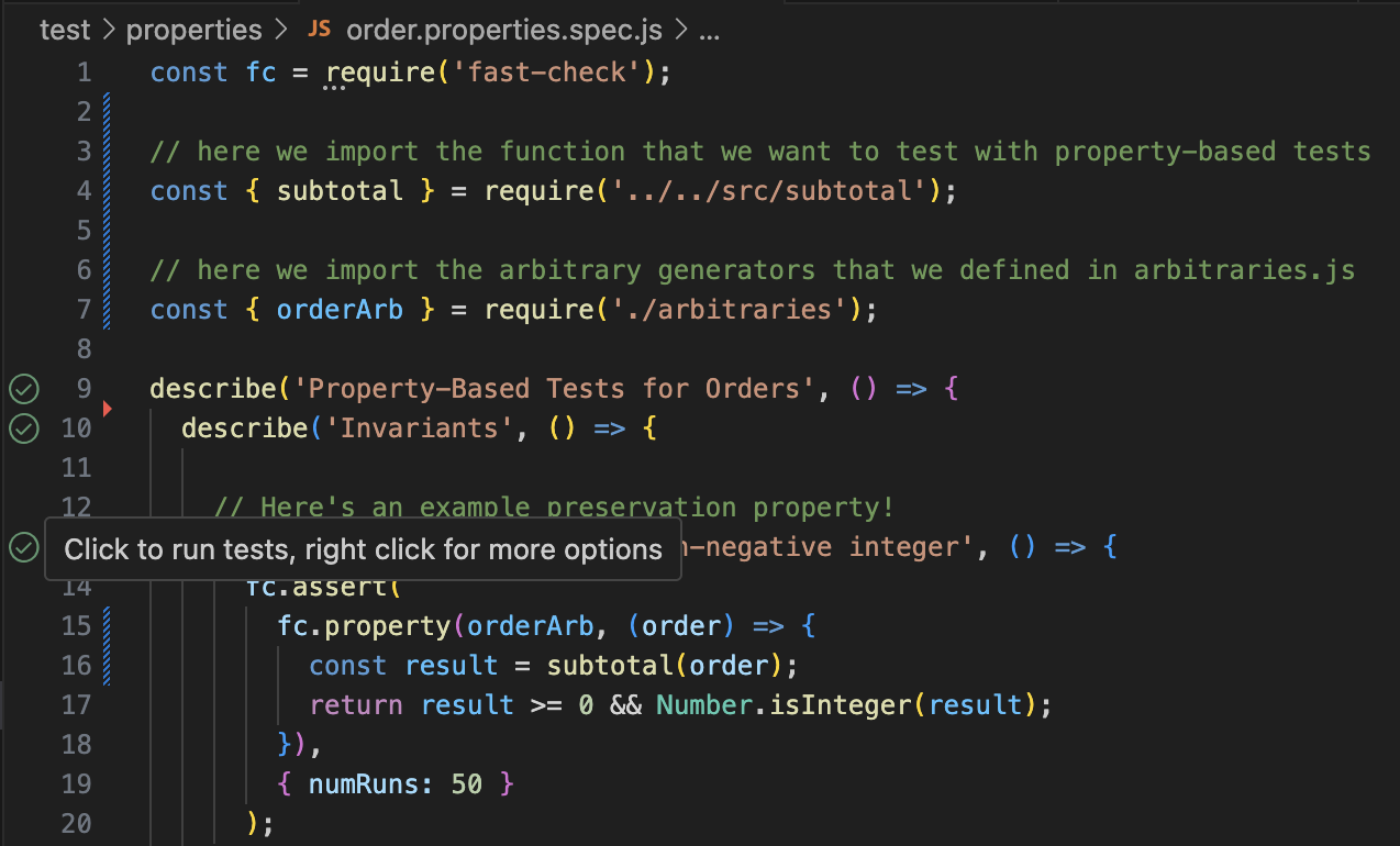 An example of running the tests from within the IDE